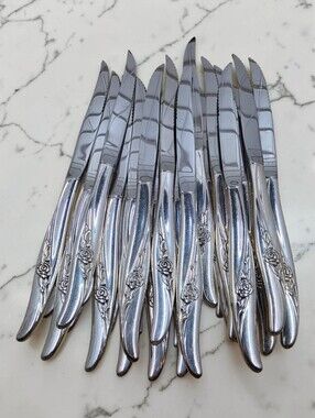 Oneida Rose Song Serrated Steak Knuves Set Of 16 Hollow Rogers Silverplate